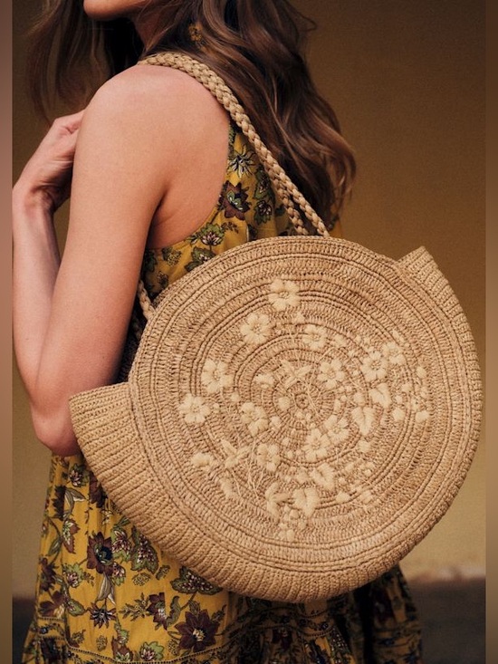 Sezane Handbags - Sezane June Basket Natural Round Raffia Woven Tote Floral Embroidery